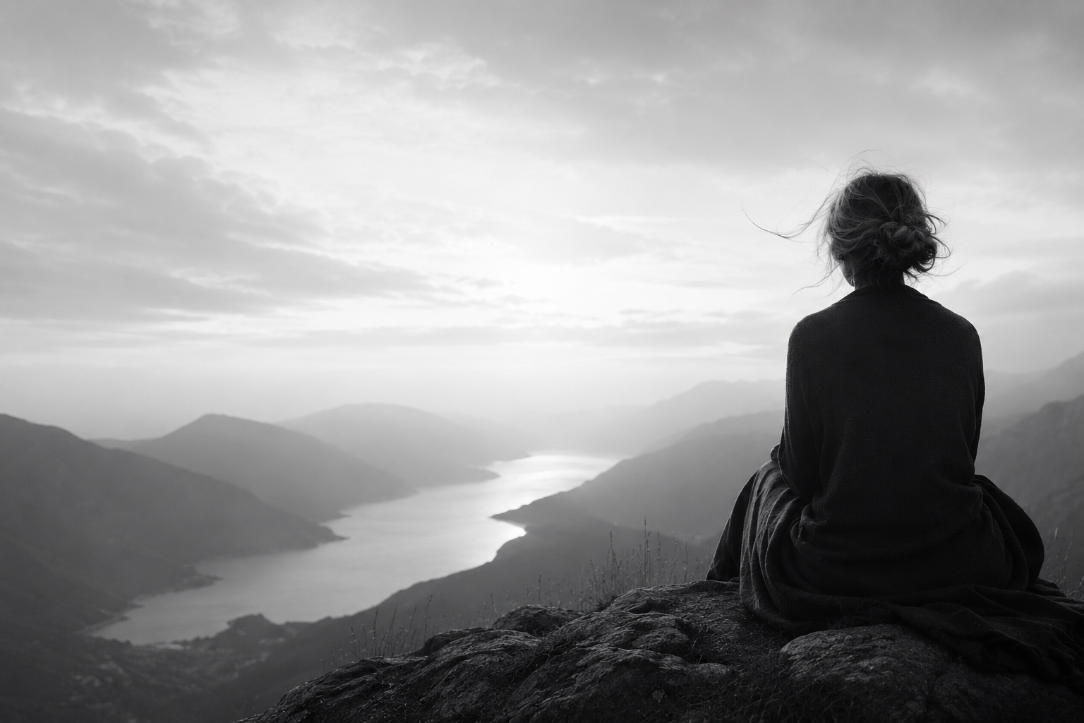 Eine Frau blickt über einen Fluss und eine weite Berglandschaft